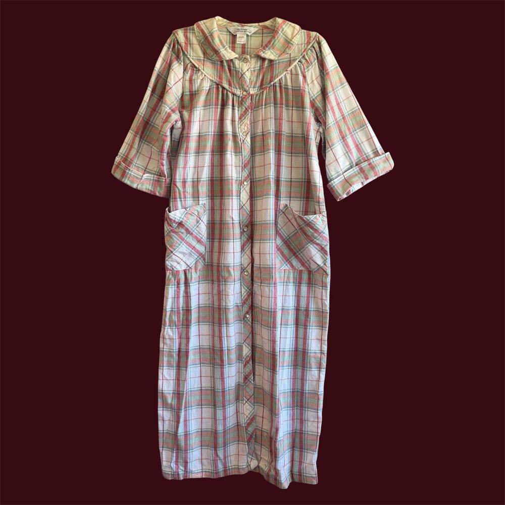 Vermont Country Store Nightgown M Long Robe Flannel Plaid Pearl Snap Portugal